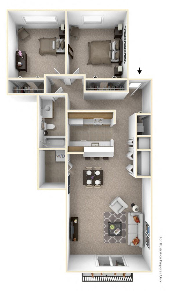 Floor plan for 2 beds, 1 bath, 938 sqft